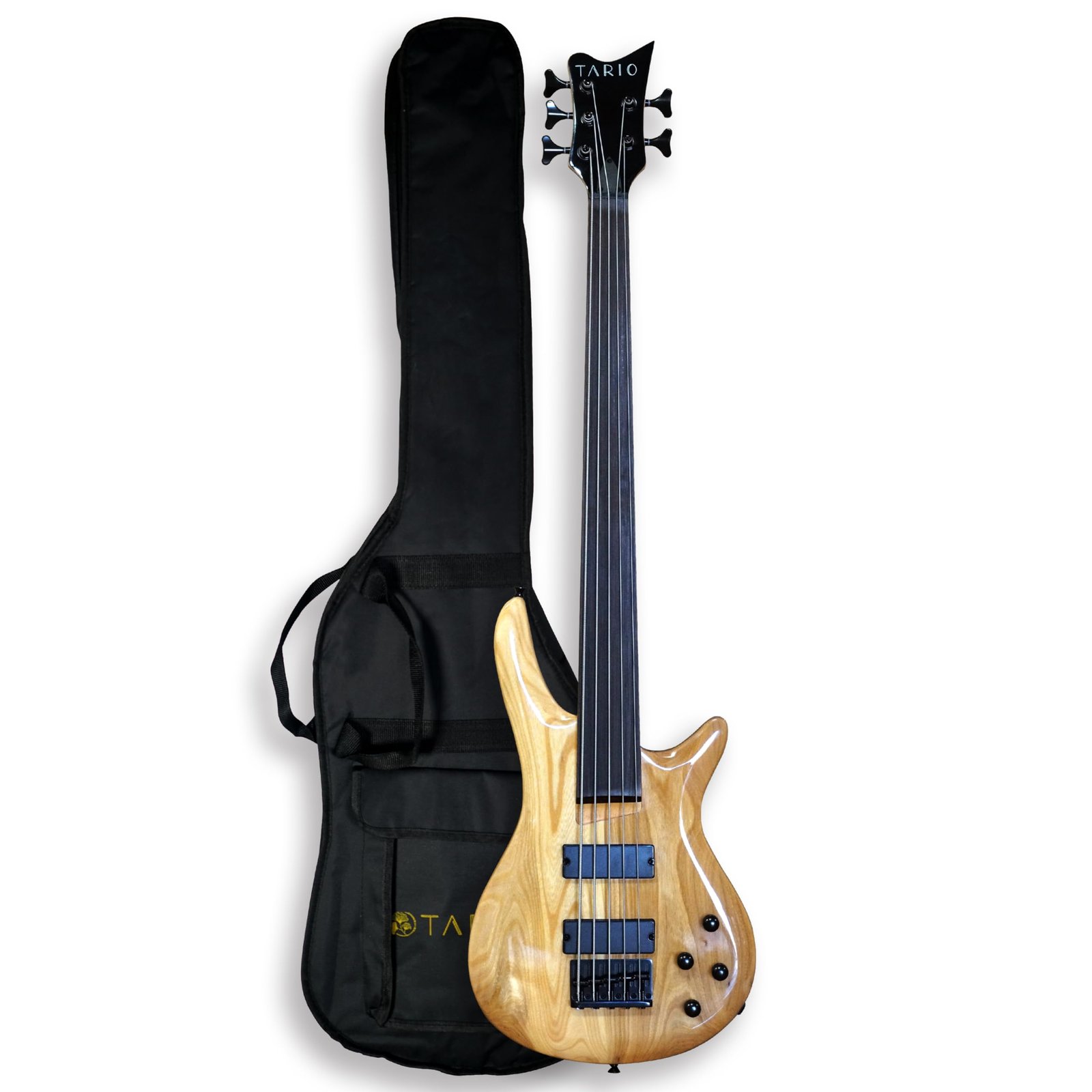 Tario bass guitar with black case on a white background