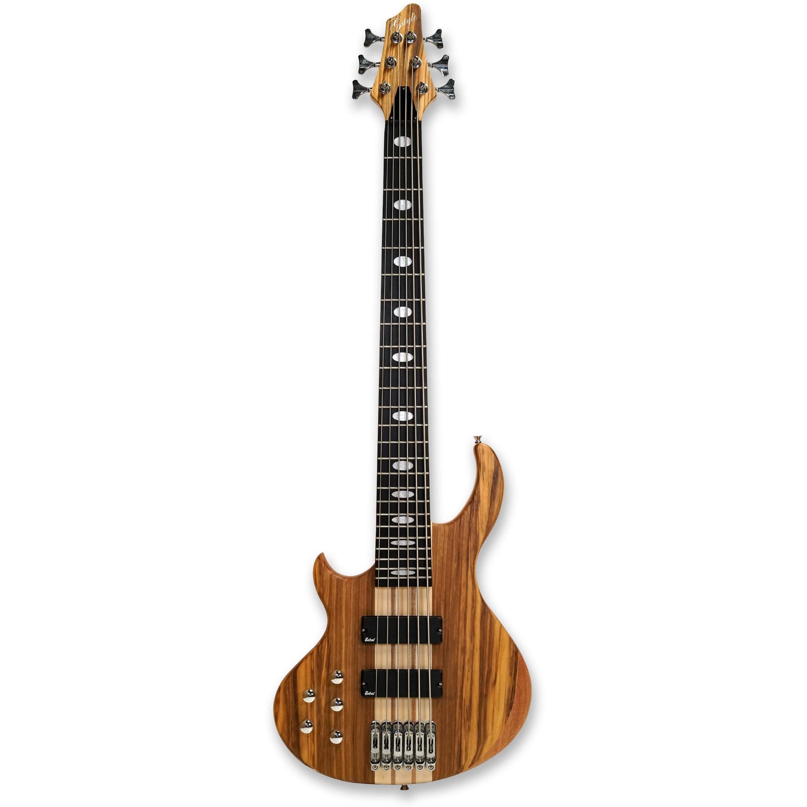 Wooden six-string bass guitar with a white background