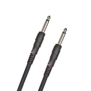 Two black audio cables with silver connectors on a white background