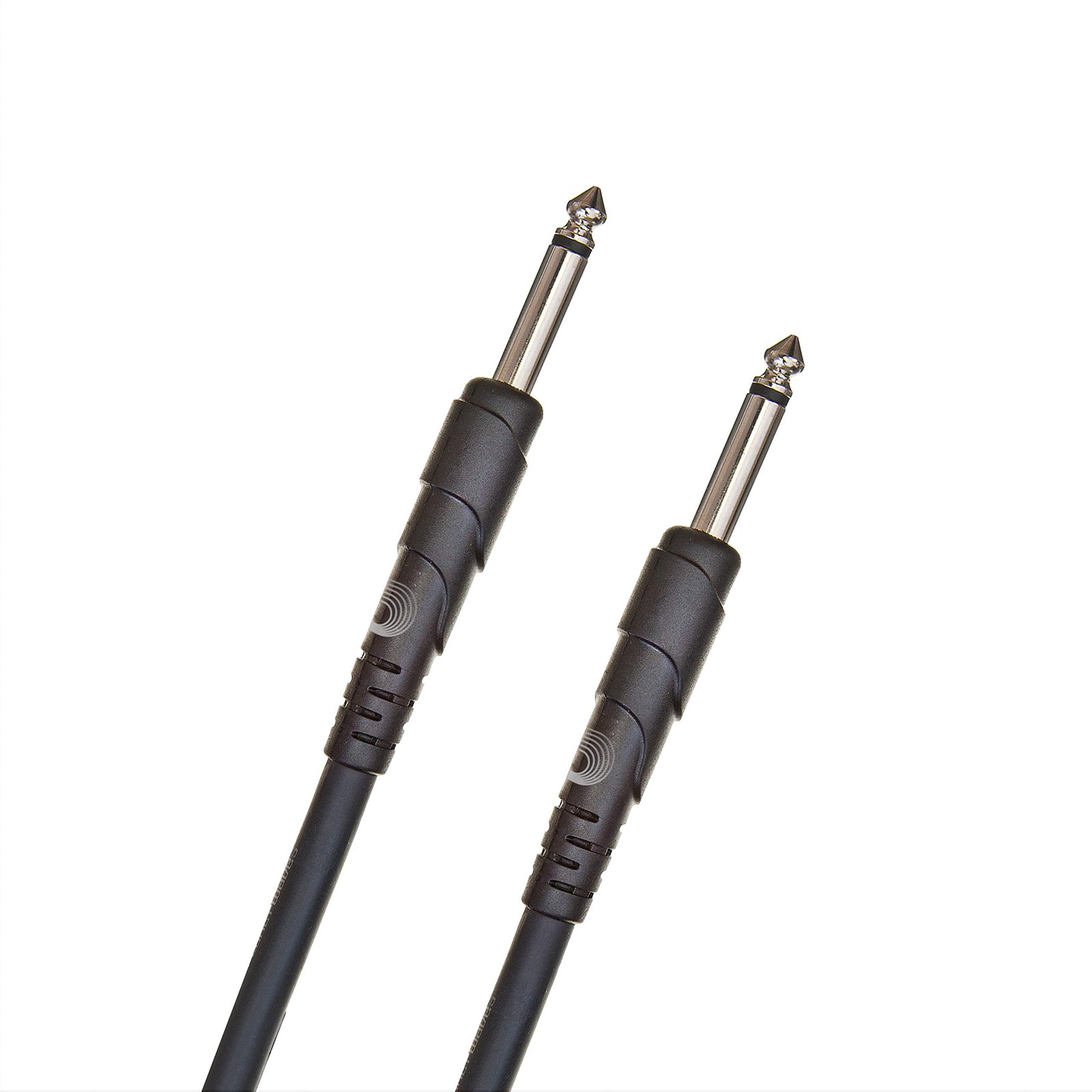 Two black audio cables with silver connectors on a white background