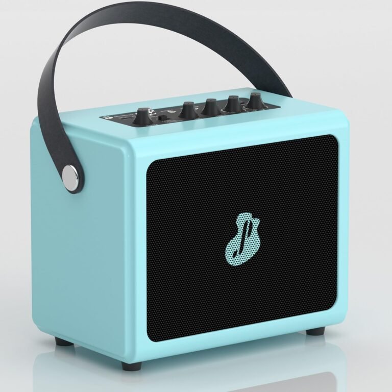 Blue portable speaker with black mesh front, handle, and control knobs