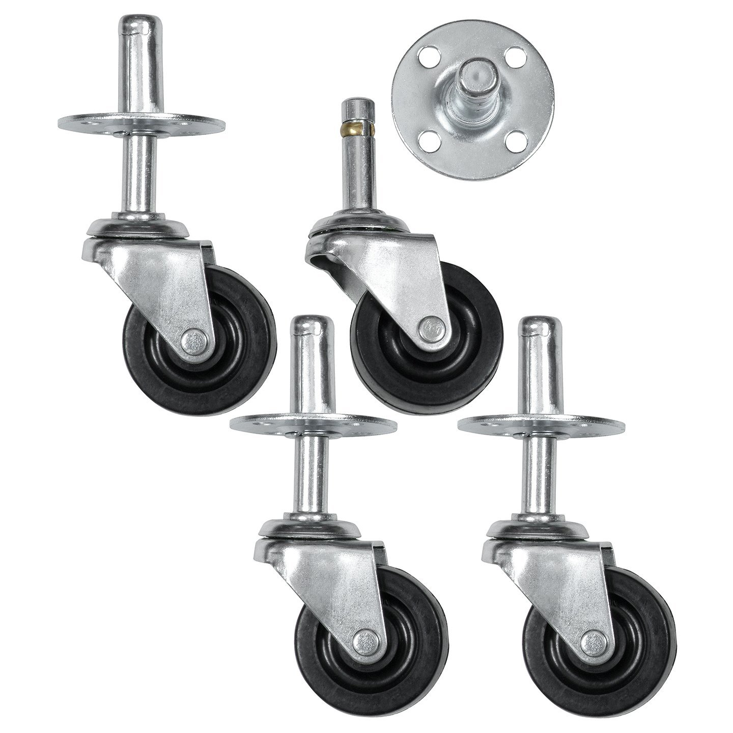 Four metal furniture casters with black wheels and a mounting plate