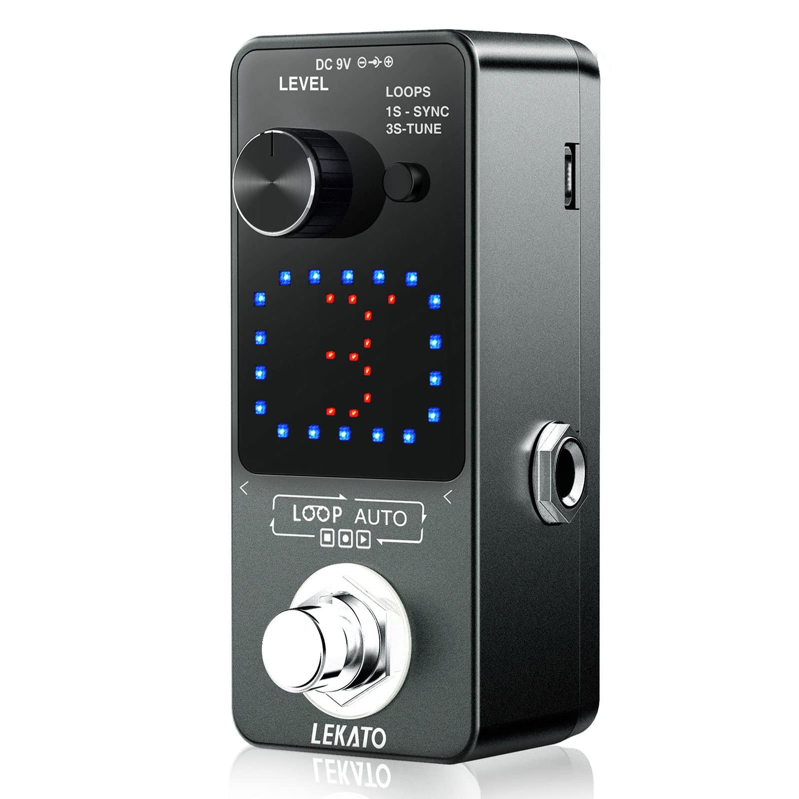 Black Lekato guitar pedal with knobs, display, and footswitch