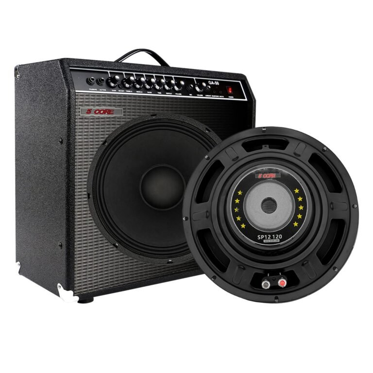 Black guitar amplifier with speaker and detached speaker component
