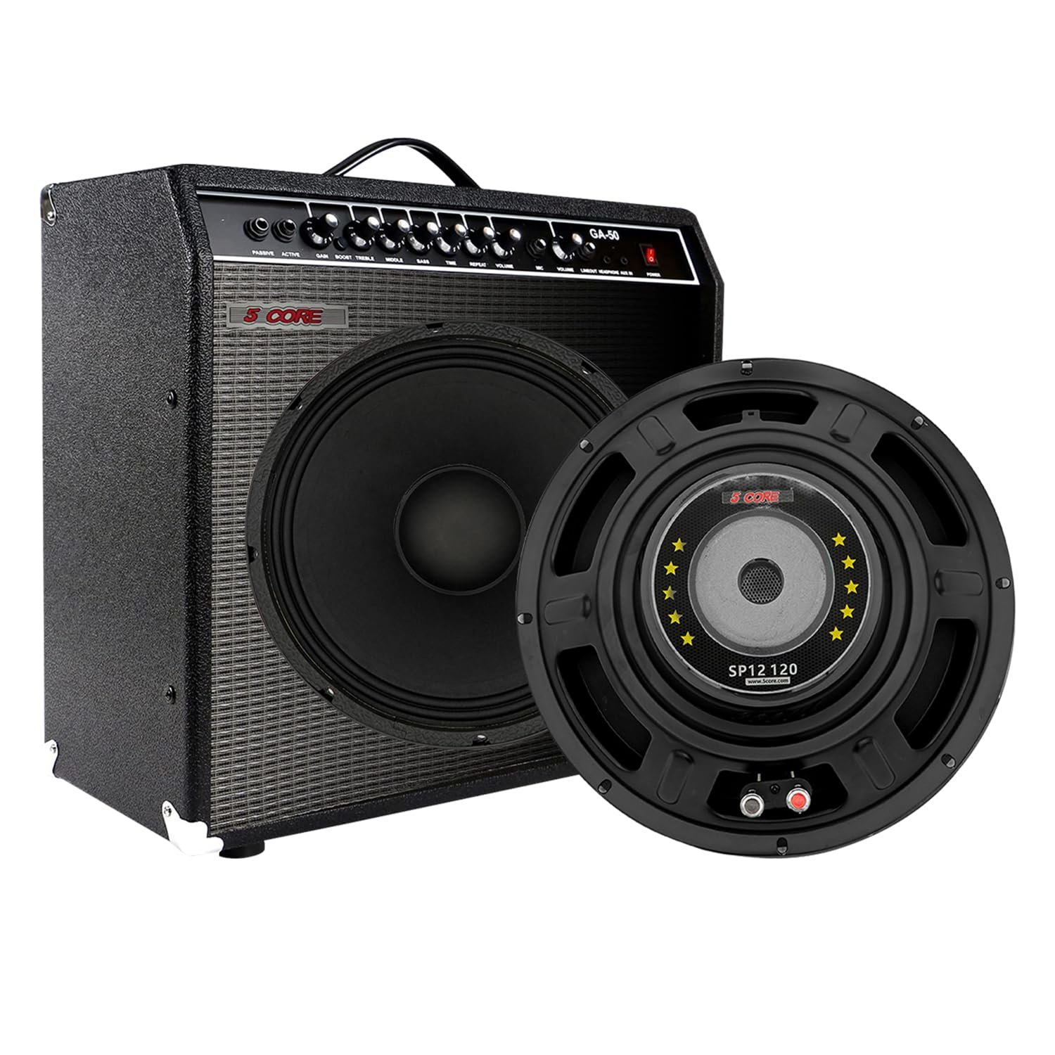 Black guitar amplifier with speaker and detached speaker component