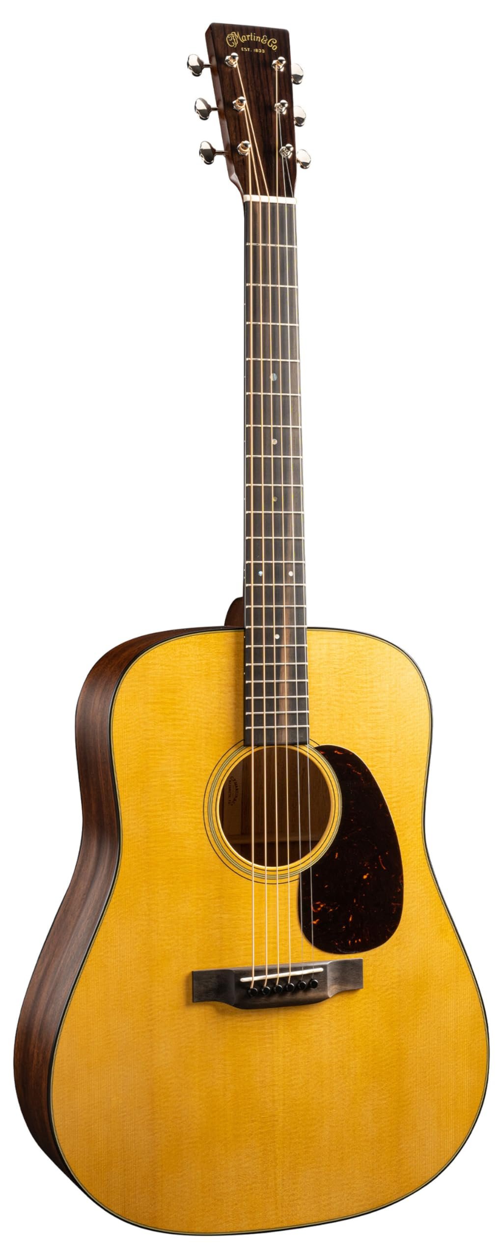 Acoustic guitar with a brown pickguard and headstock, against a white background