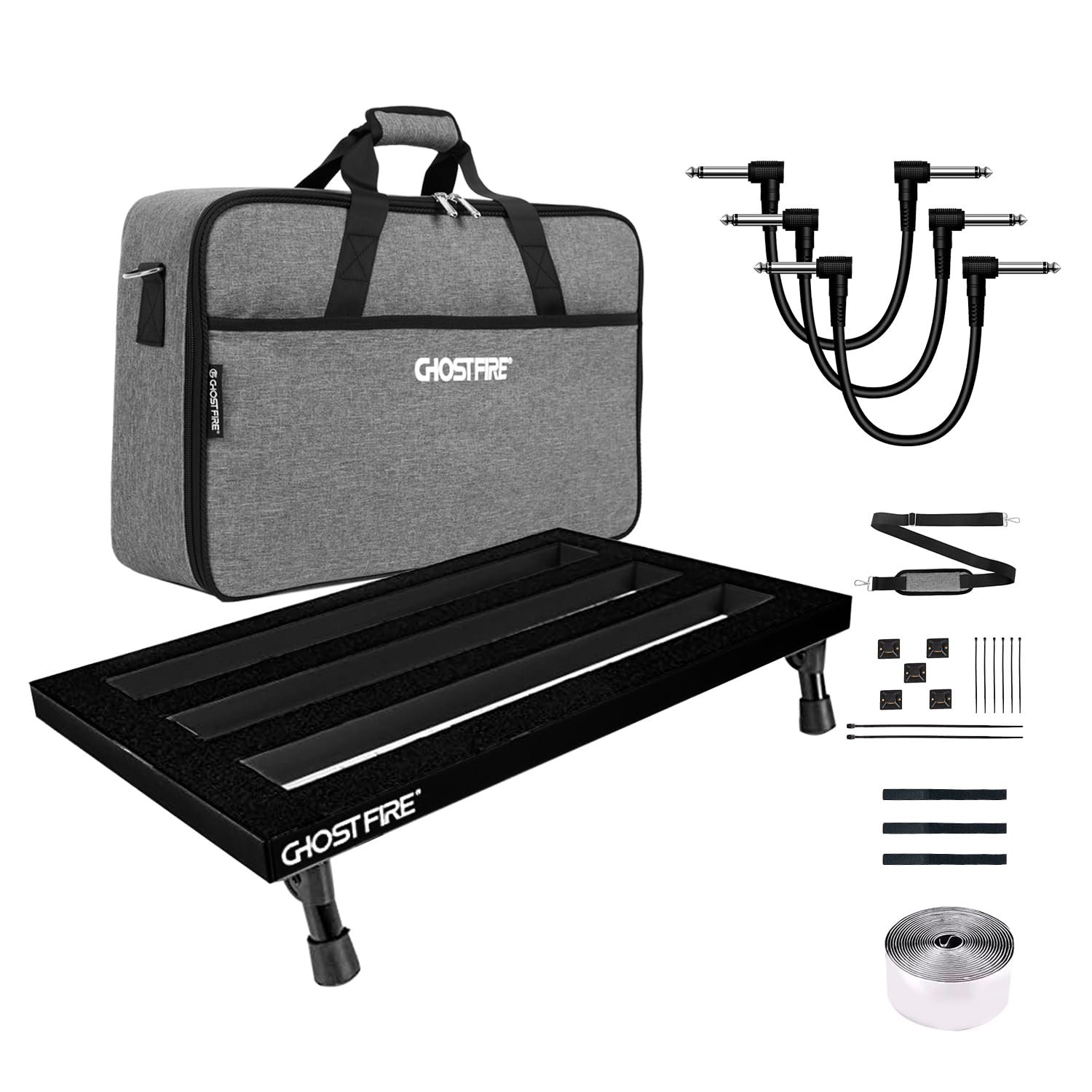 Ghostfire guitar pedalboard kit with bag, cables, and accessories