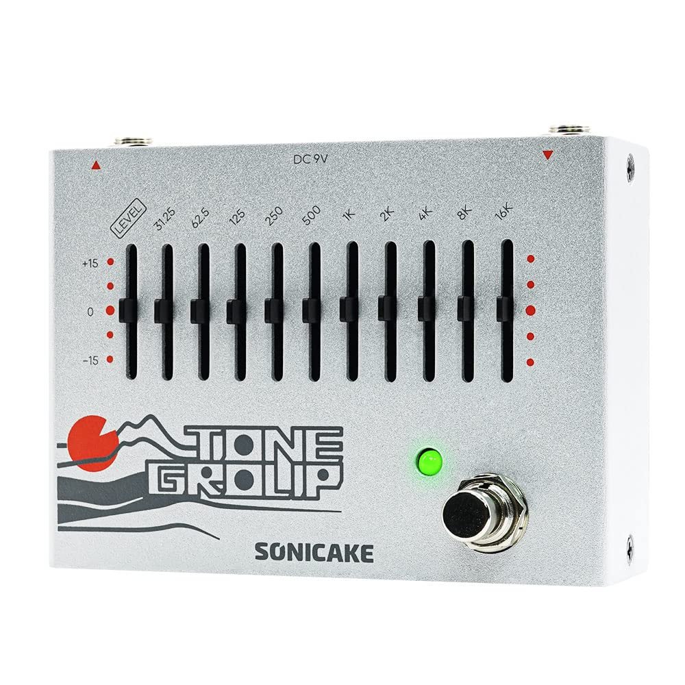 Silver Sonicake Tone Group equalizer pedal with sliders and a footswitch