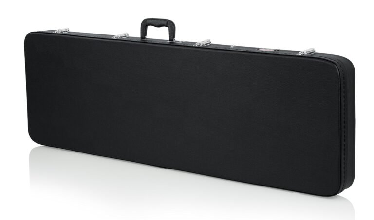 Black guitar case with handle and silver latches, isolated on white
