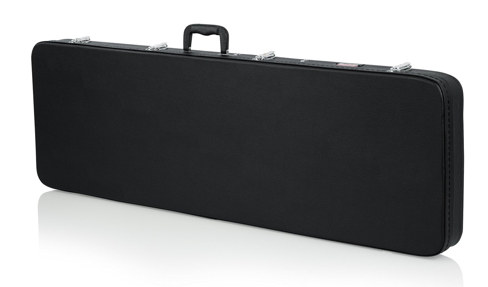 Black guitar case with handle and silver latches, isolated on white
