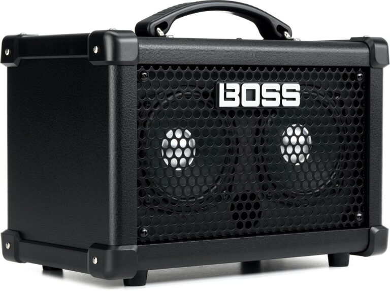 Black Boss guitar amplifier with handle and speaker grill