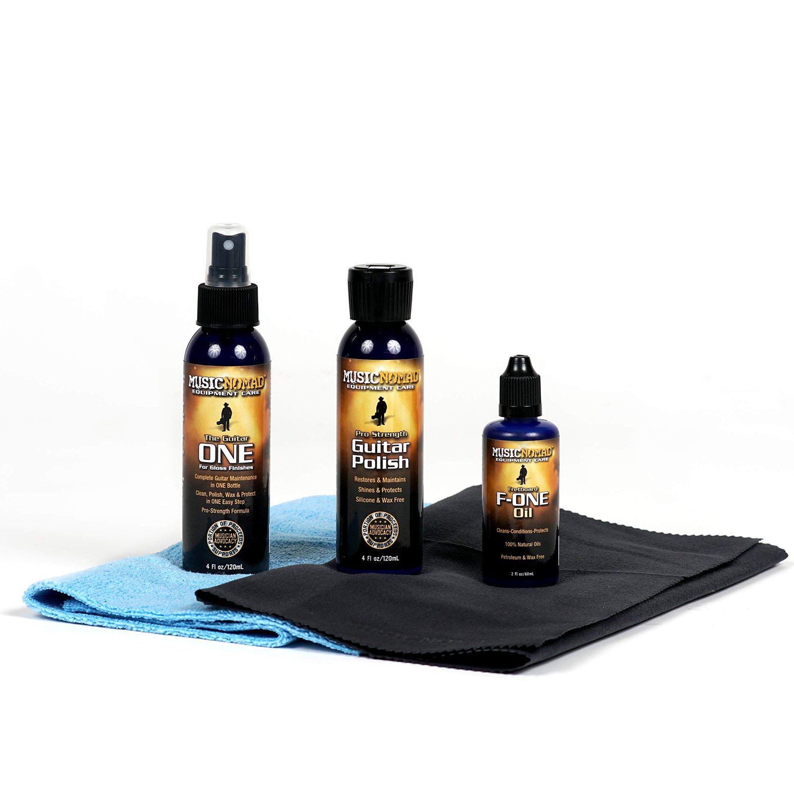 Guitar care products: polish, oil, and cleaner bottles with cloths on white background