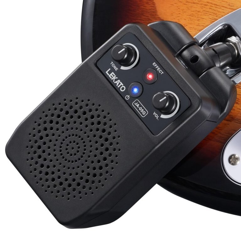 Black Lekato guitar amplifier attached to a sunburst electric guitar