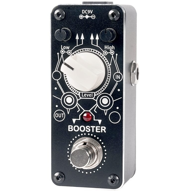 Black guitar pedal with knobs, a footswitch, and the word "BOOSTER"