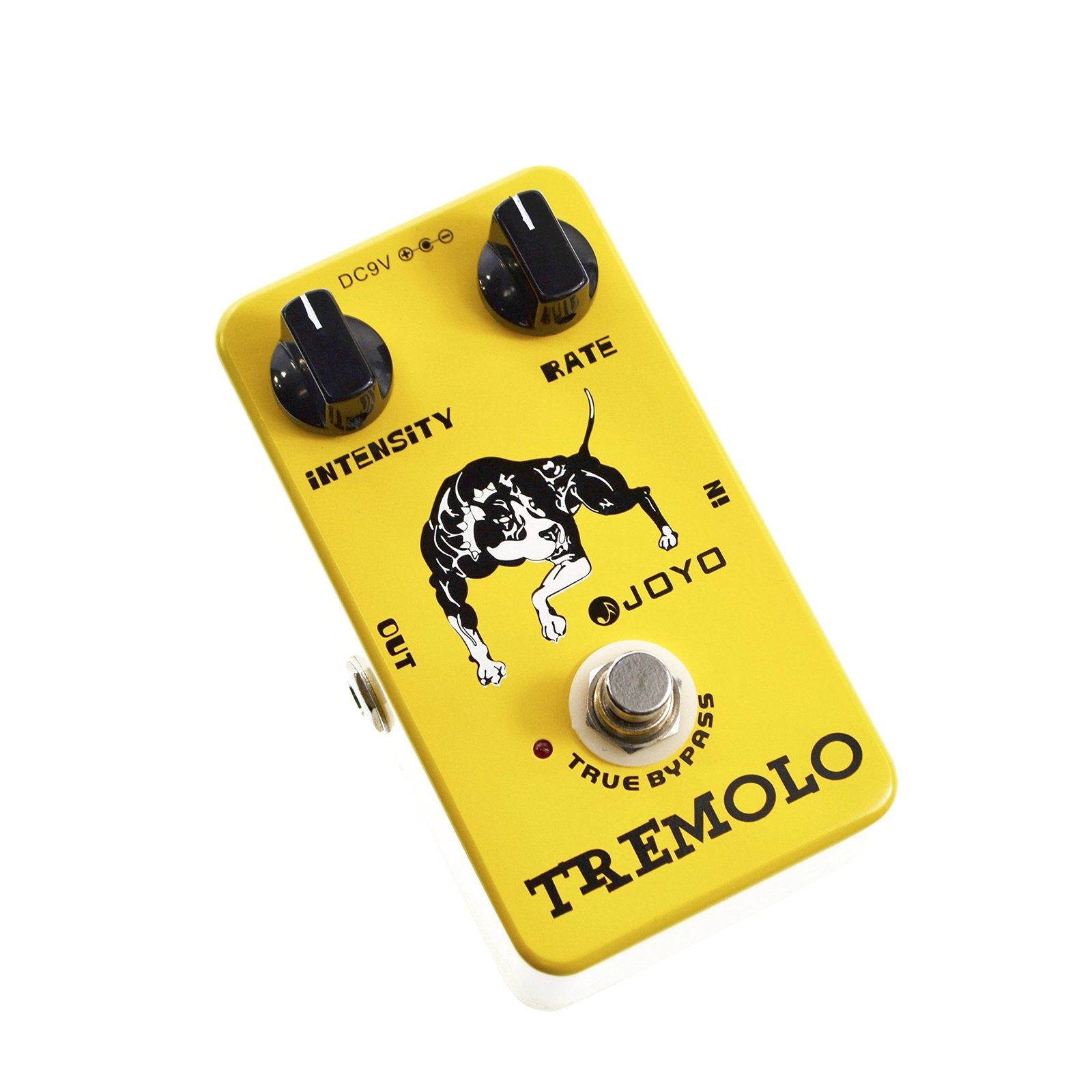 Yellow JOYO Tremolo guitar pedal with black knobs and dog graphic