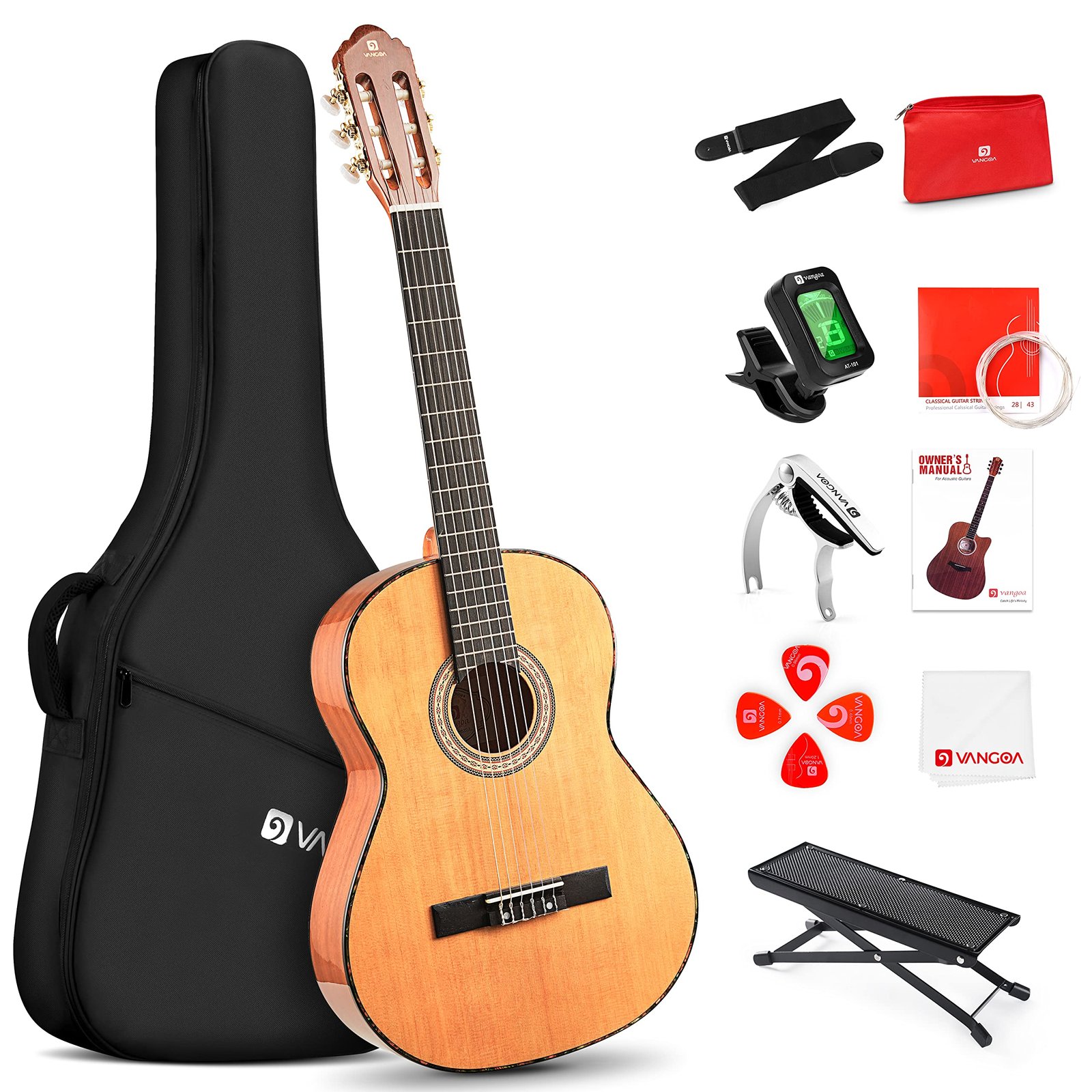 Classical guitar with accessories, including case, tuner, picks, and footrest