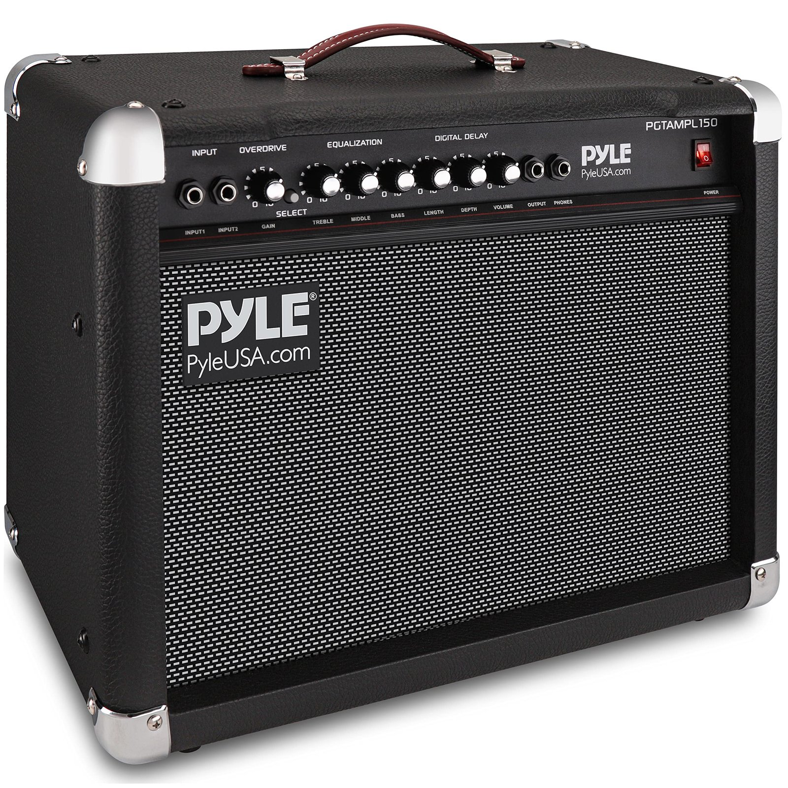 Black Pyle guitar amplifier with control knobs, handle, and speaker grill
