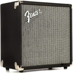 Black Fender guitar amplifier with silver grill and logo