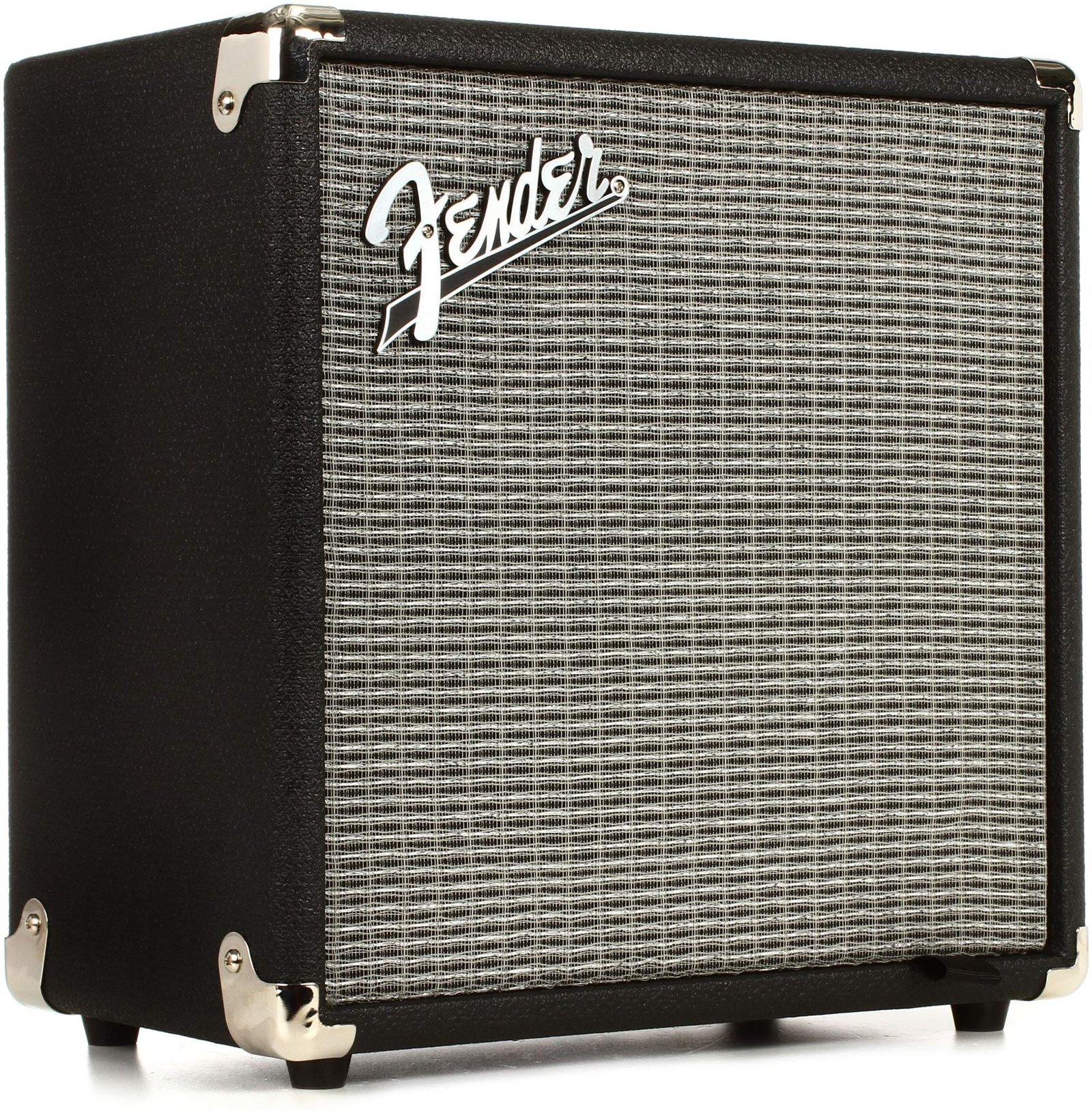 Black Fender guitar amplifier with silver grill and logo