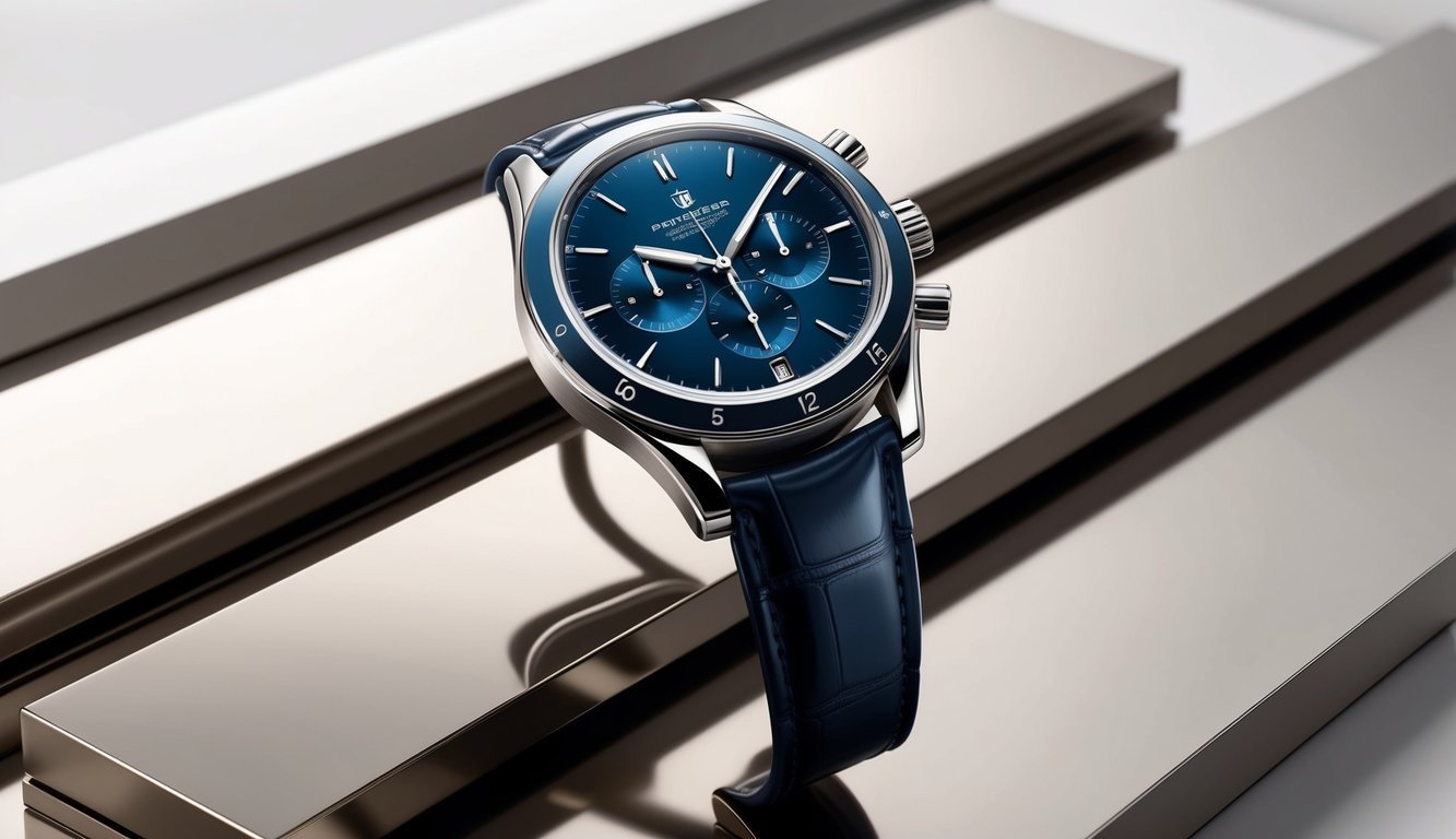 Blue-faced chronograph watch with leather strap resting on reflective metallic surfaces