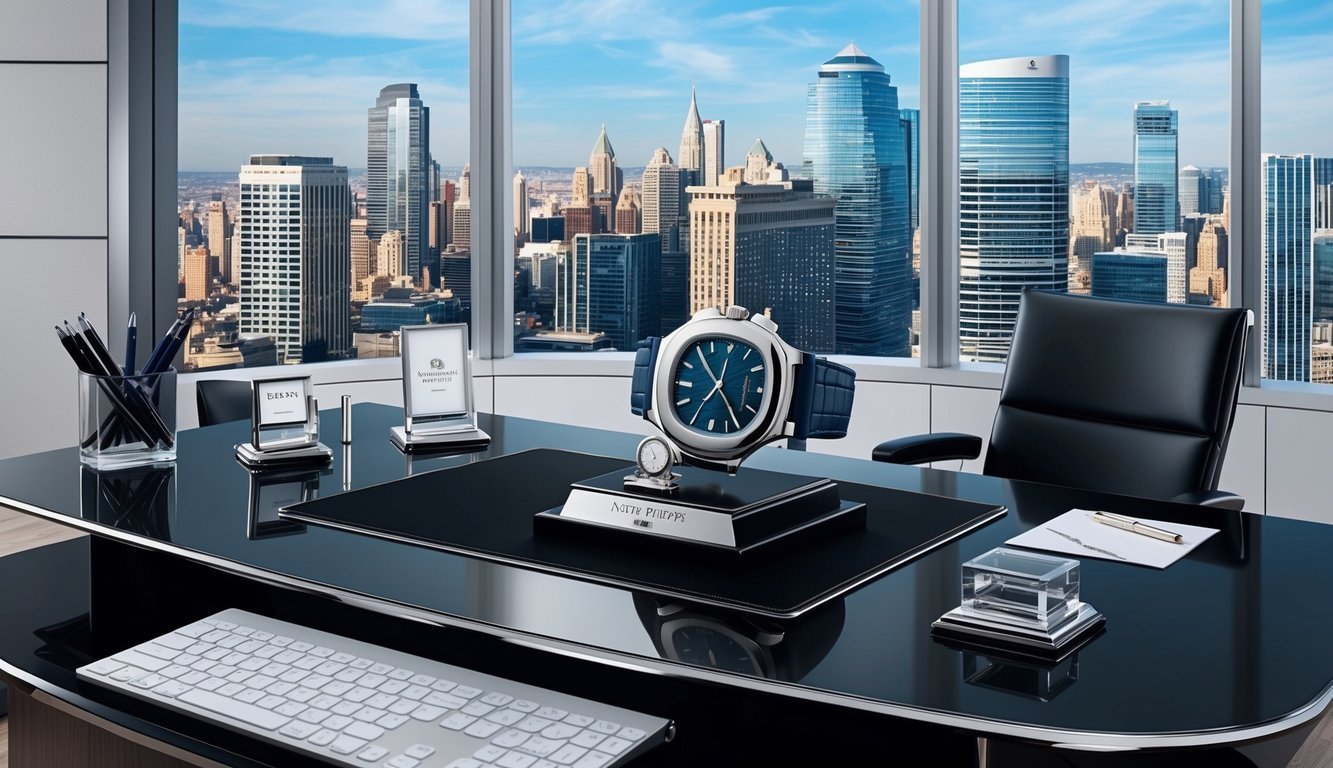 A sleek, modern office desk with a Patek Philippe Nautilus watch prominently displayed, surrounded by luxury office accessories and a skyline view