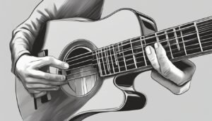 Black and white illustration of a person playing an acoustic guitar