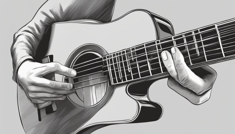 Black and white illustration of a person playing an acoustic guitar