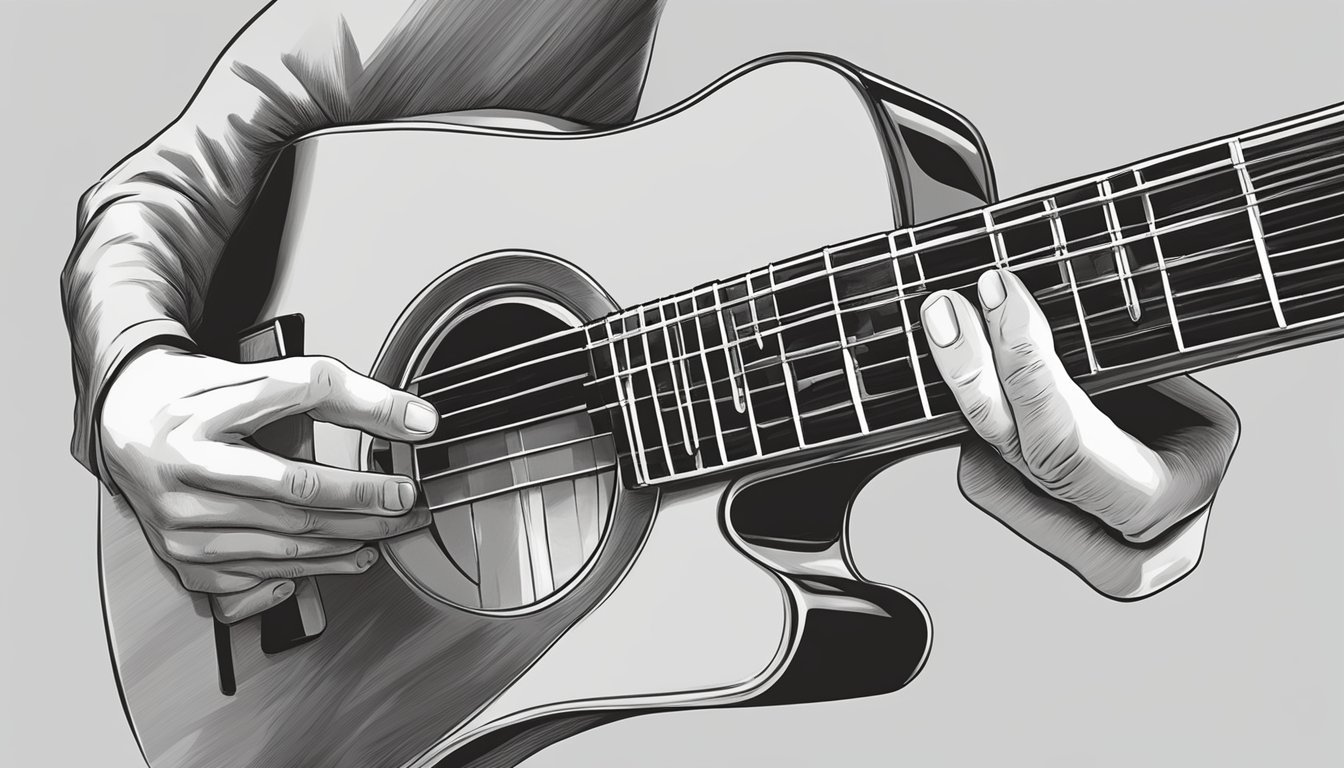 Black and white illustration of a person playing an acoustic guitar