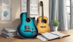 Two guitars, sheet music, and a plant in a room with a window