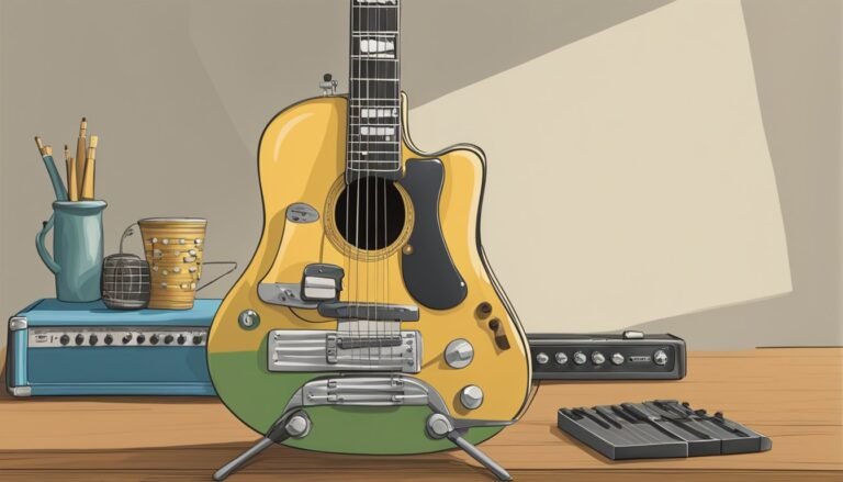 Yellow and green guitar with accessories on a wooden table