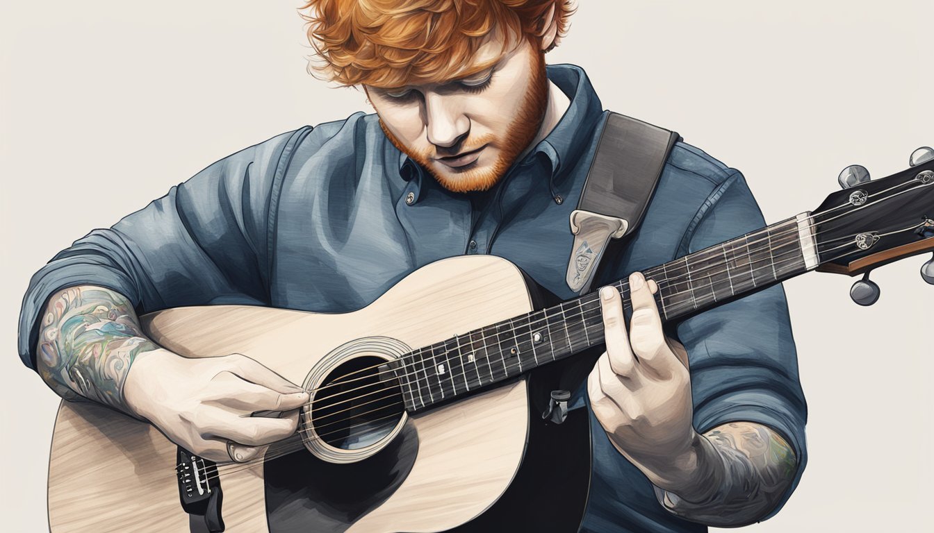 Ed Sheeran performs with his signature Martin acoustic guitar, showcasing his unique playing style and emotive performances