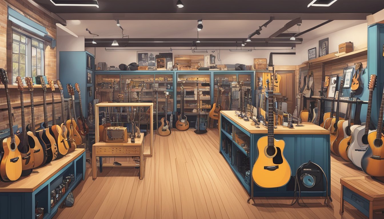 A guitar shop with various models on display, including the one Ed Sheeran uses.</p><p>Customers browsing and asking questions to the staff