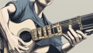 Person playing a twelve-string acoustic guitar, stylized illustration