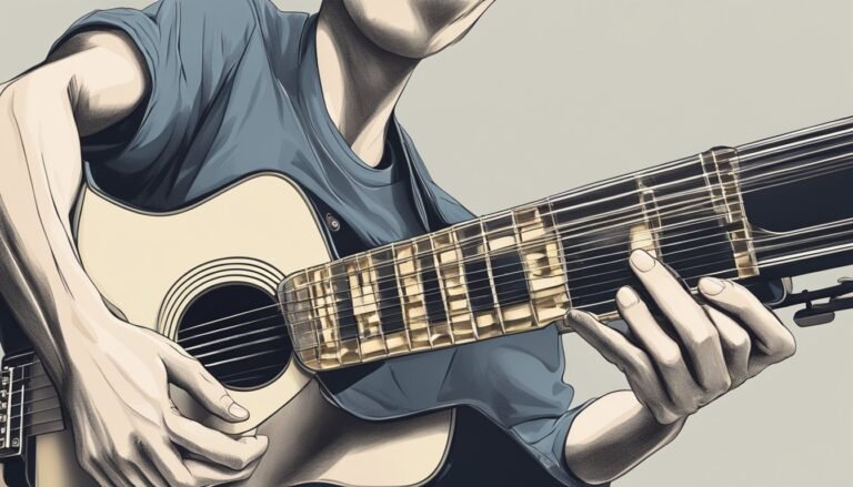 Person playing a twelve-string acoustic guitar, stylized illustration