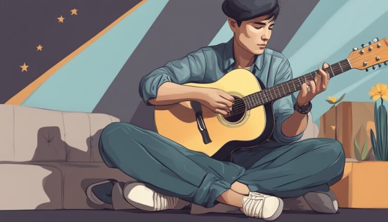 Young man sitting cross-legged playing an acoustic guitar
