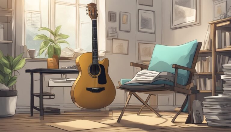 Acoustic guitar in a cozy room with a chair and sheet music