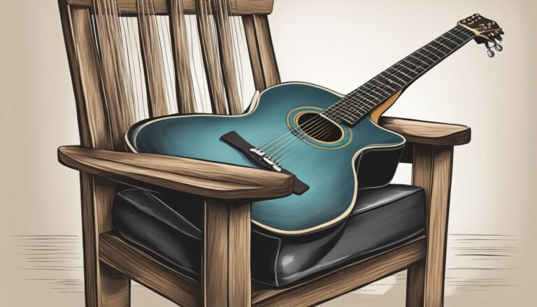 Blue acoustic guitar resting on a wooden chair with a cushion