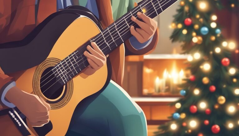 Person playing guitar near a Christmas tree and fireplace