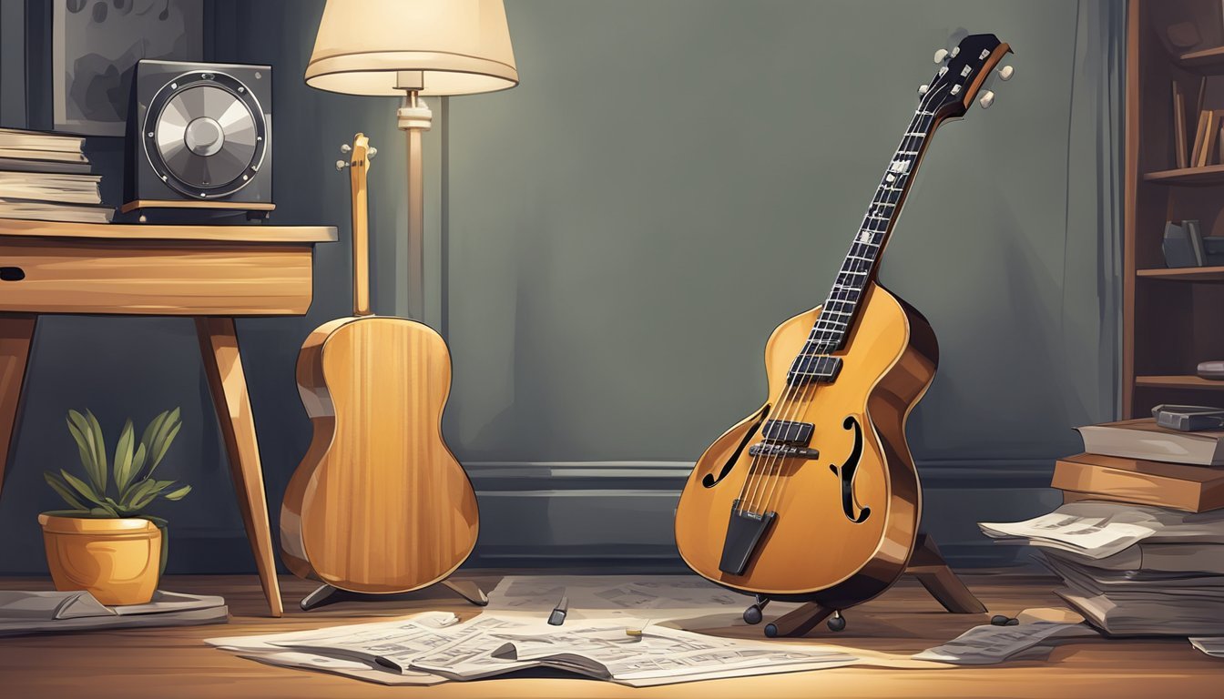 Two guitars, sheet music, and a lamp in a cozy, musical room