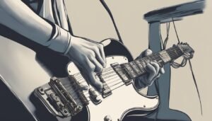Illustration of a person playing a white and black electric guitar