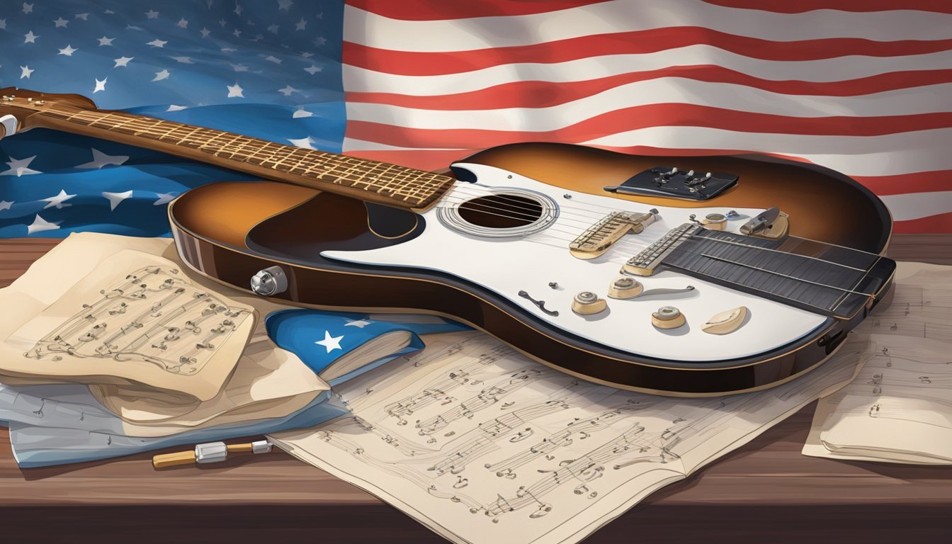 Acoustic guitar, sheet music, and American flag on a wooden table