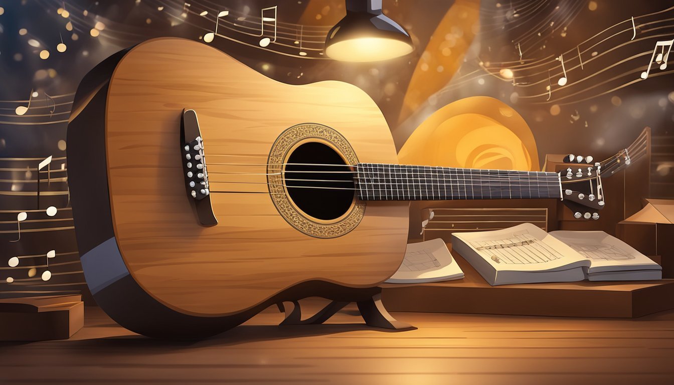 Acoustic guitar on a stand with sheet music and musical notes in background
