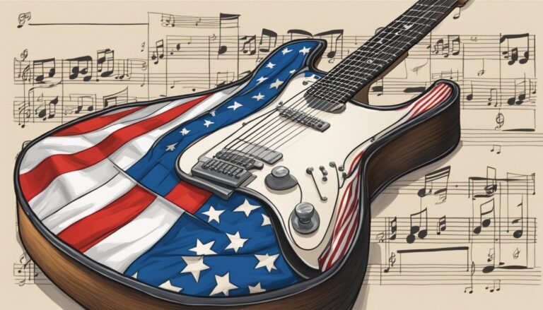 Electric guitar with American flag design over sheet music background