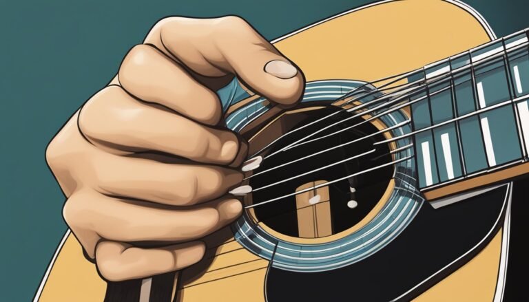 Close-up illustration of a hand strumming the strings of an acoustic guitar