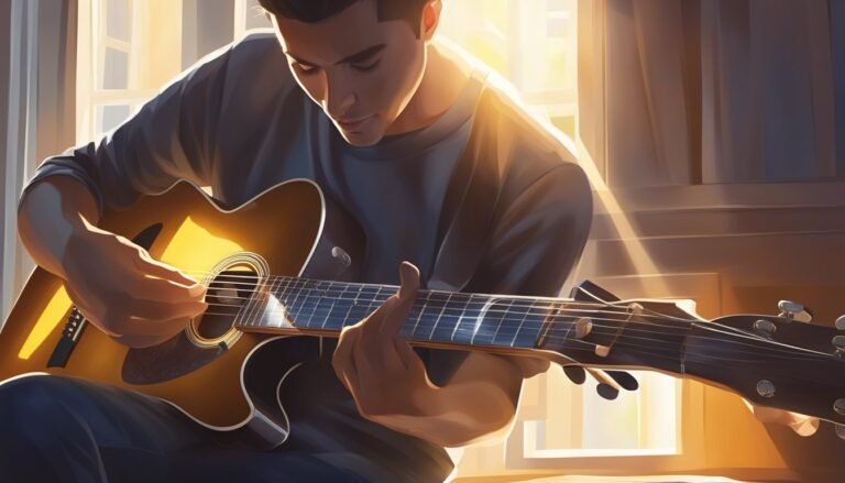 Man playing acoustic guitar in a sunlit room, close-up shot