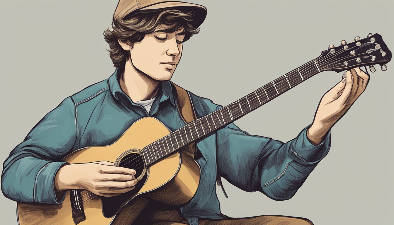 Man in cap playing acoustic guitar, tuning the strings