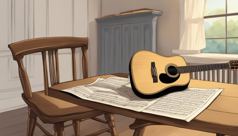 Acoustic guitar rests on sheet music on a wooden table, next to a chair
