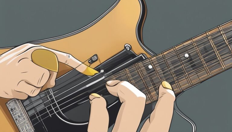 Illustration of hands playing a guitar with a pick and yellow nail polish