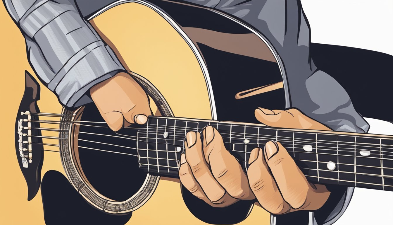 Illustration of hands playing a 12-string acoustic guitar, close-up view