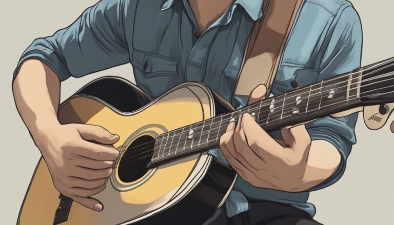 Person playing an acoustic guitar, wearing a blue shirt, close-up view